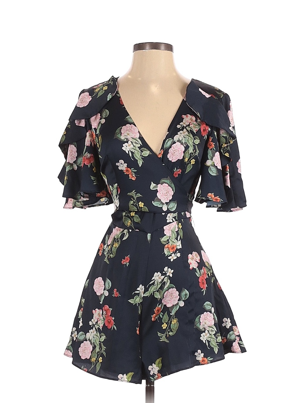 KEEPSAKE the Label Navy Floral Wrap Romper with Ruffle Sleeves